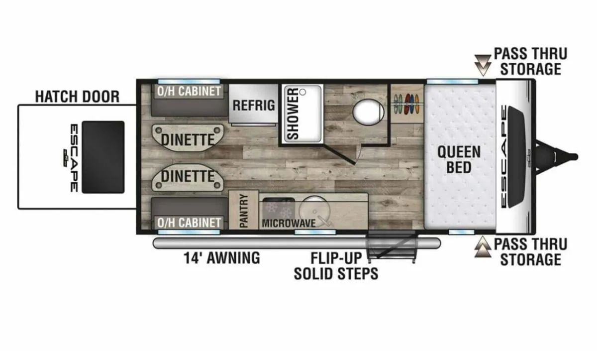 Floor plan of the RV with dinette, living area, kitchen, bathroom and bedroom.