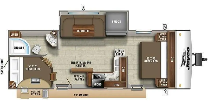 Floor plan of the RV with dinette, living area, kitchen, bathroom and bedroom.