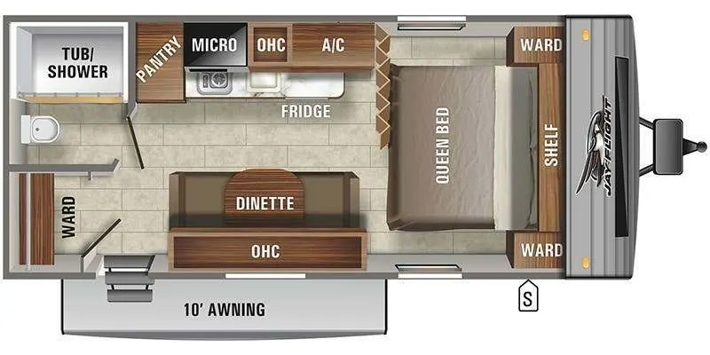 Floor plan of the RV with dinette, living area, kitchen, bathroom and bedroom.