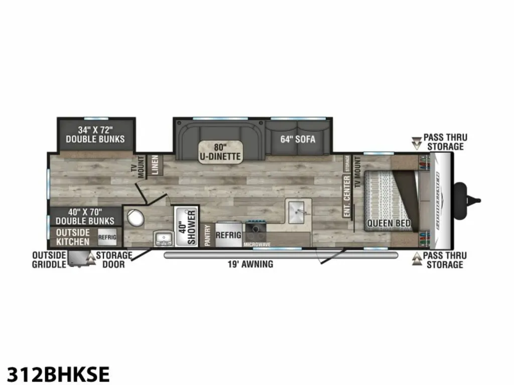 Floor plan of the RV with dinette, living area, kitchen, bathroom and bedroom.