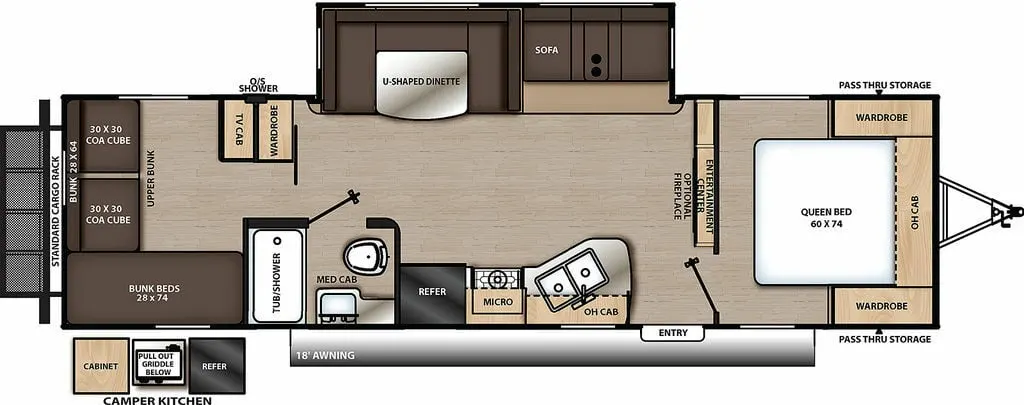 Floor plan of the RV with dinette, living area, kitchen, bathroom and bedroom.