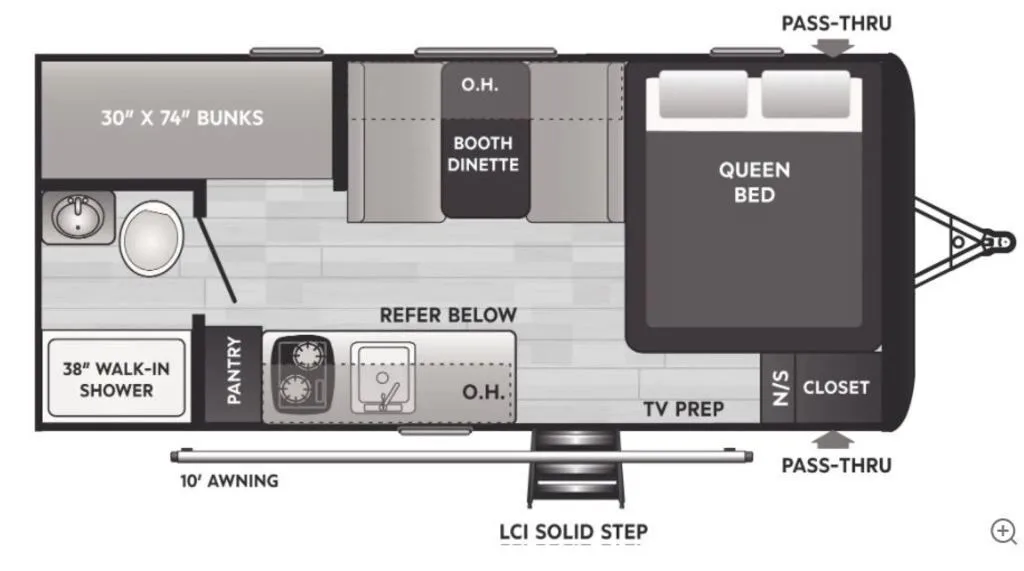 Floor plan of the RV with dinette, living area, kitchen, bathroom and bedroom.