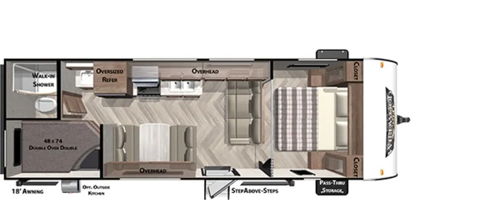 Floor plan of the RV with dinette, living area, kitchen, bathroom and bedroom.