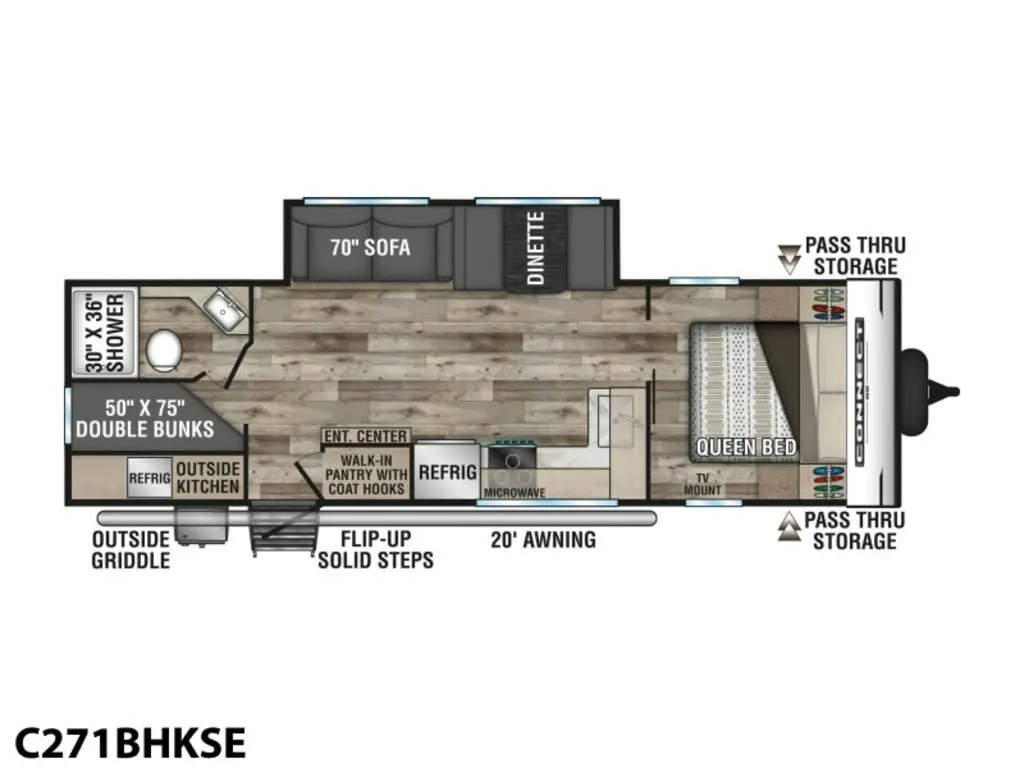 Floor plan of the RV with dinette, living area, kitchen, bathroom and bedroom.