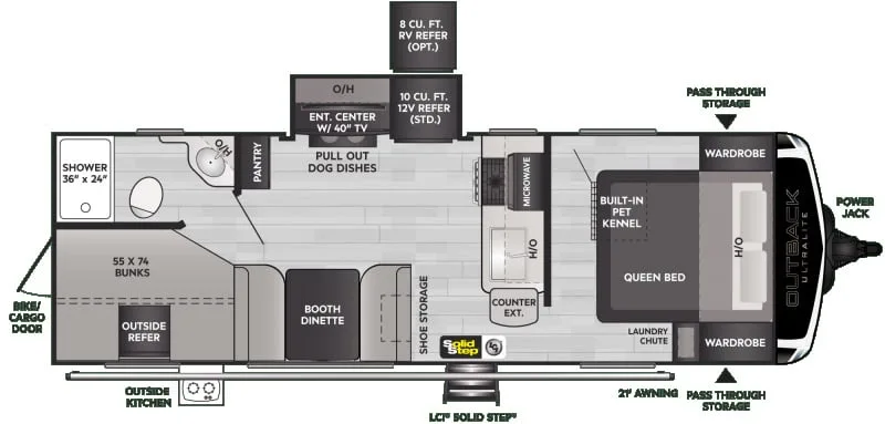 Floor plan of the RV with dinette, living area, kitchen, bathroom and bedroom.