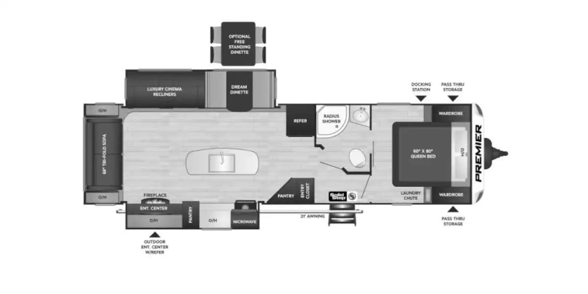 Floor plan of the RV with dinette, living area, kitchen, bathroom and bedroom.