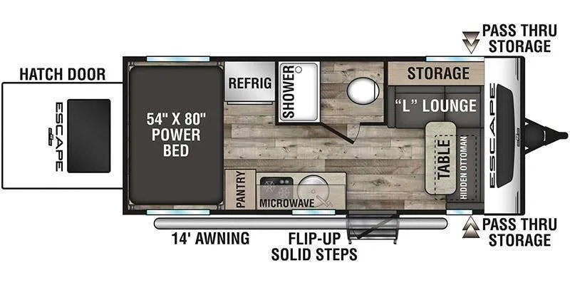 Floor plan of the RV with dinette, living area, kitchen, bathroom and bedroom.