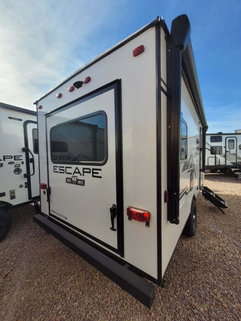 Rear view of the New 2022 K-Z Escape E18 Hatch Travel Trailer RV.