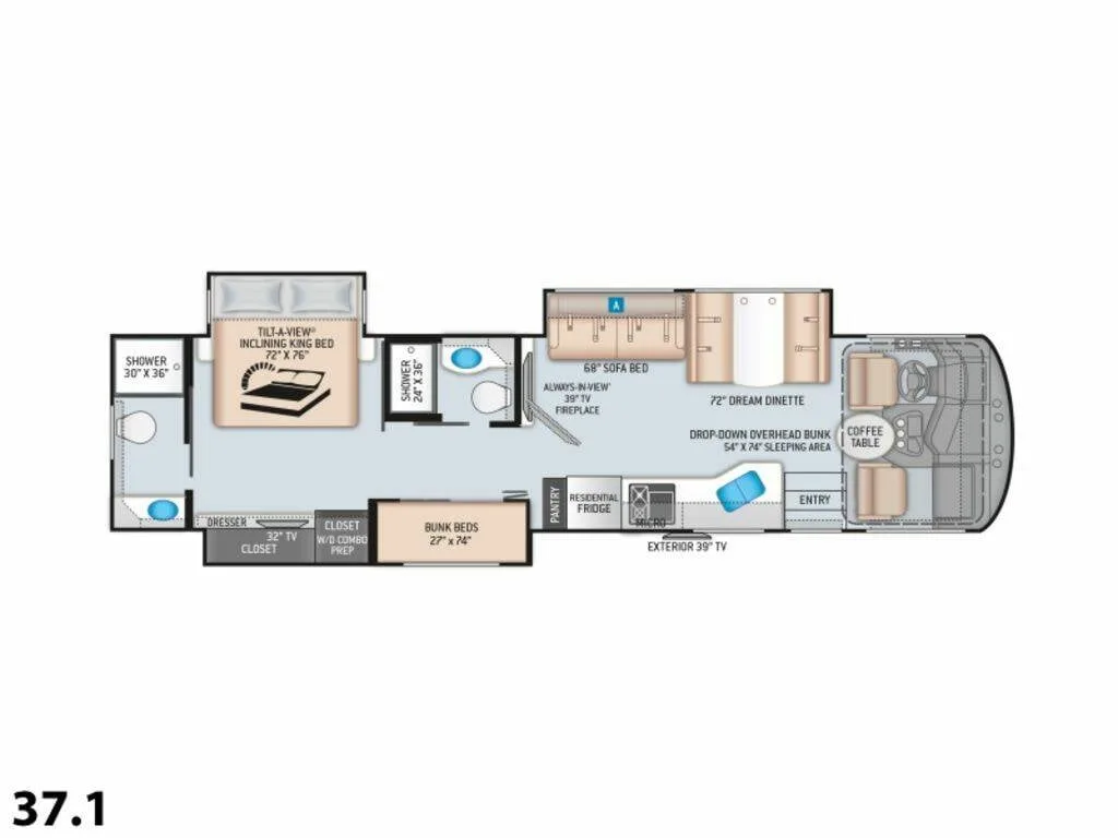 Floor plan of the RV with dinette, living area, kitchen, bathroom and bedroom.