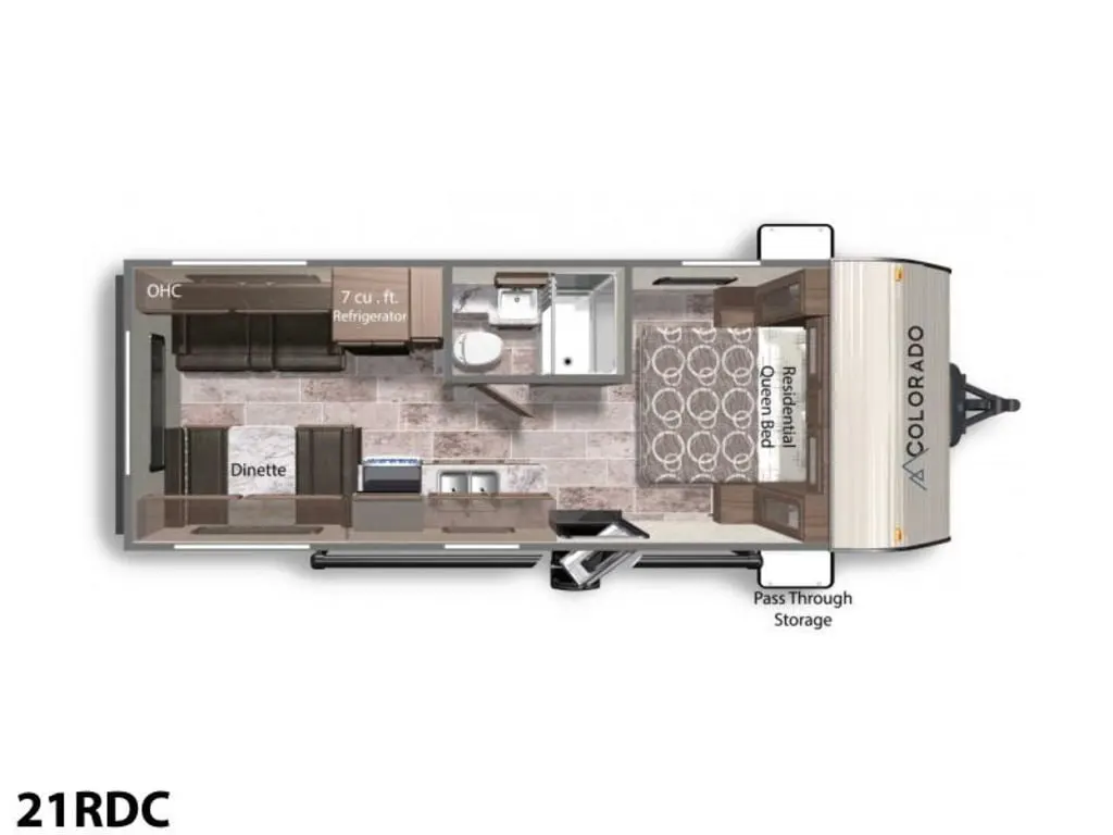 Floor plan of the RV with dinette, living area, kitchen, bathroom and bedroom.