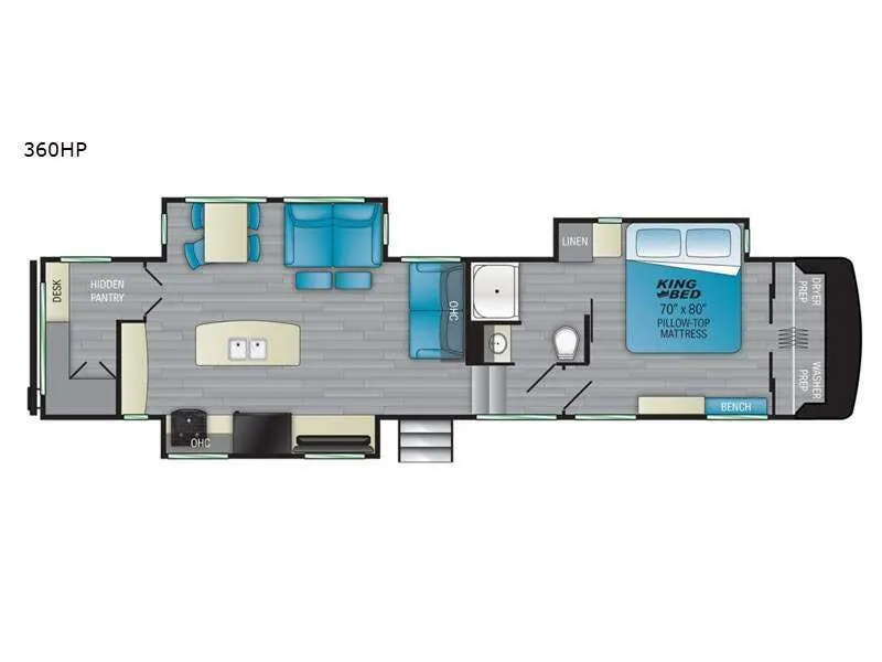 Floor plan of the RV with dinette, living area, kitchen, bathroom and bedroom.