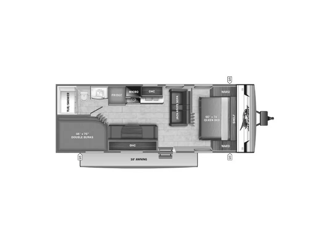 Floor plan of the RV with dinette, living area, kitchen, bathroom and bedroom.