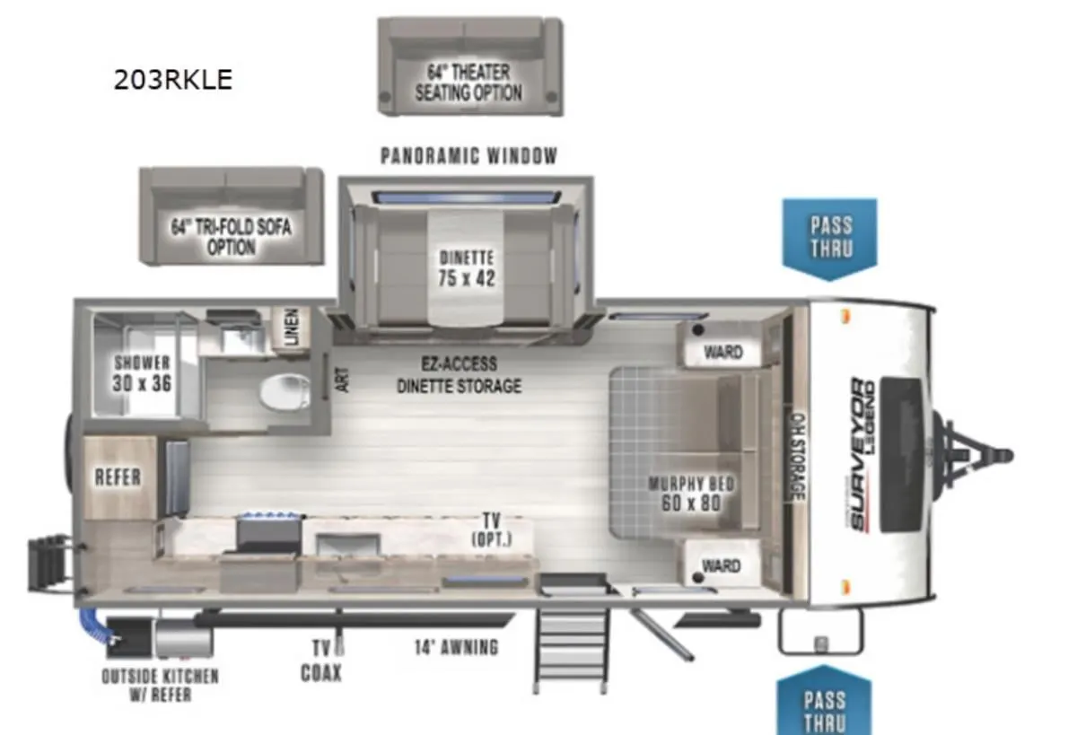 Floor plan of the RV with dinette, living area, kitchen, bathroom and bedroom.