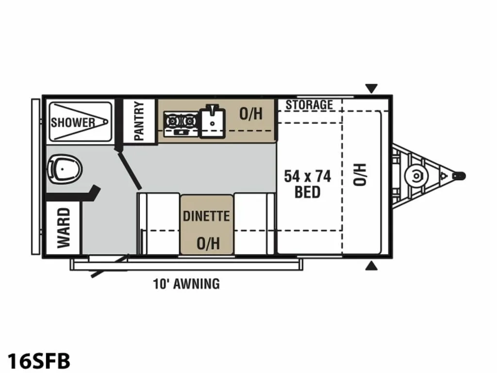 Floor plan of the RV with dinette, living area, kitchen, bathroom and bedroom.