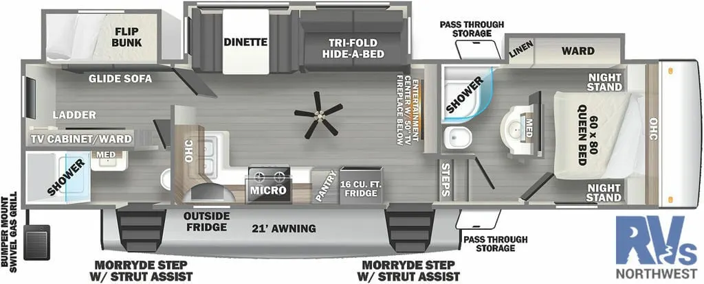 Floor plan of the RV with dinette, living area, kitchen, bathroom and bedroom.