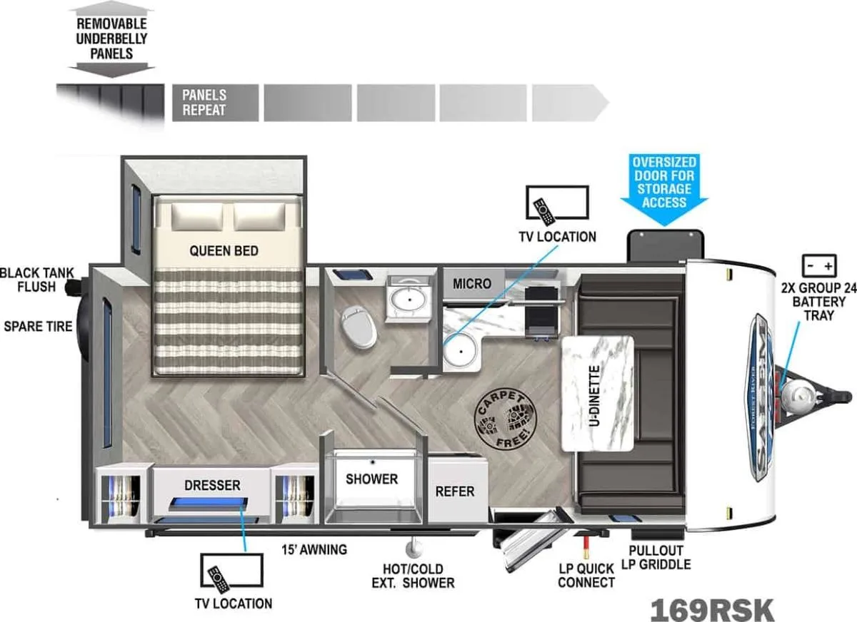 Floor plan of the RV with dinette, living area, kitchen, bathroom and bedroom.