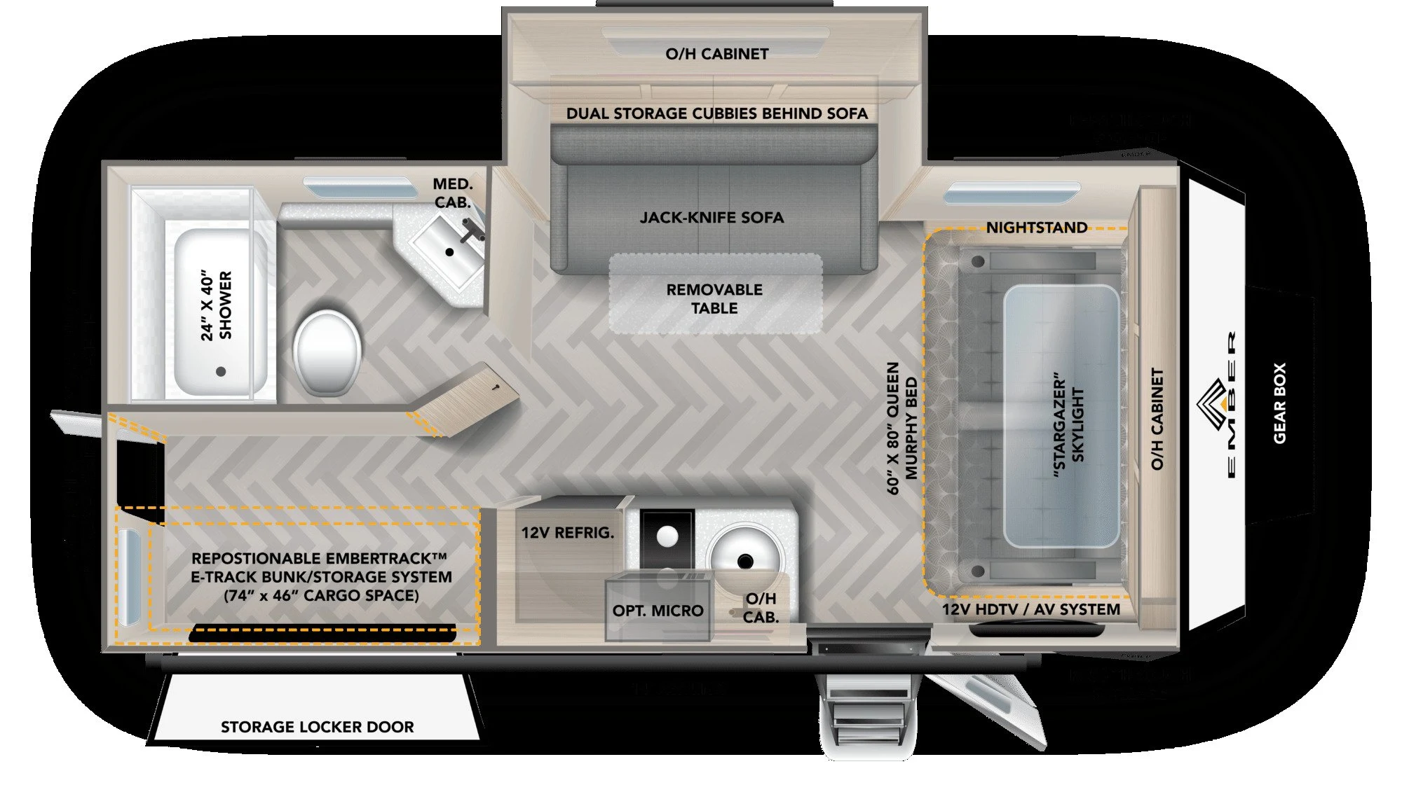 Floor plan of the RV with dinette, living area, kitchen, bathroom and bedroom.