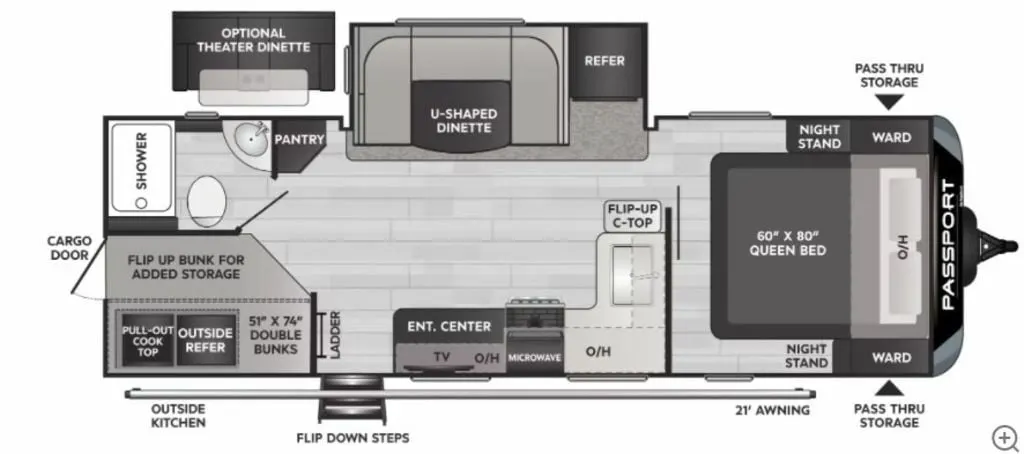 Floor plan of the RV with dinette, living area, kitchen, bathroom and bedroom.