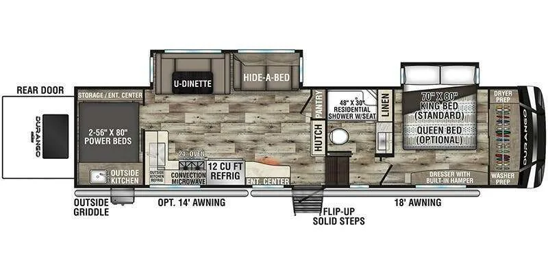 Floor plan of the RV with dinette, living area, kitchen, bathroom and bedroom.