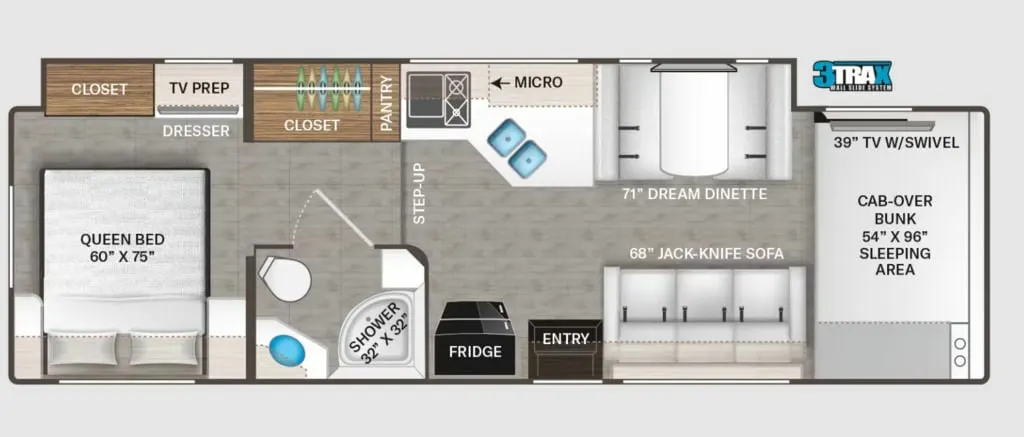 Floor plan of the RV with dinette, living area, kitchen, bathroom and bedroom.