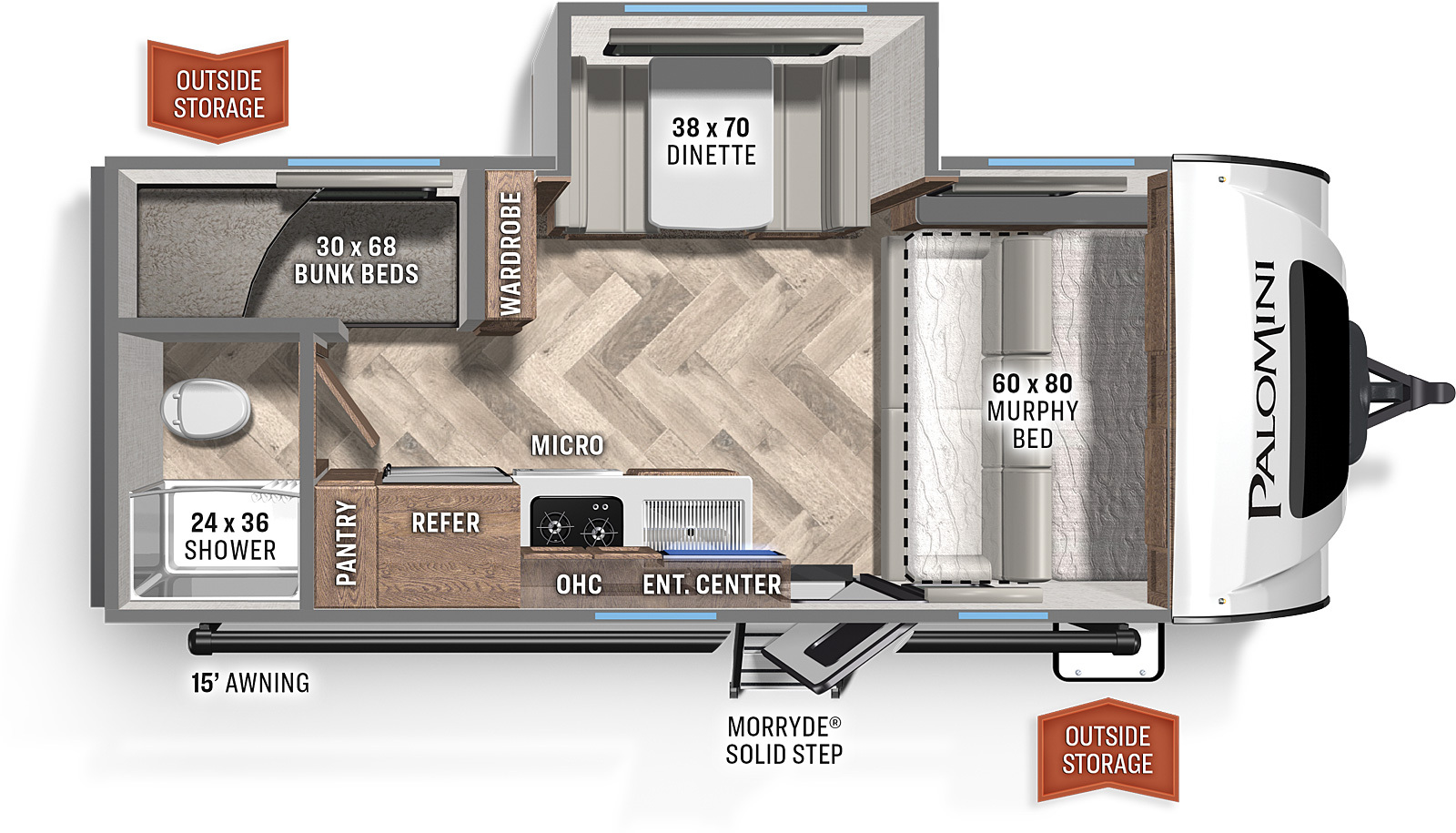 Floor plan of the RV with dinette, living area, kitchen, bathroom and bedroom.