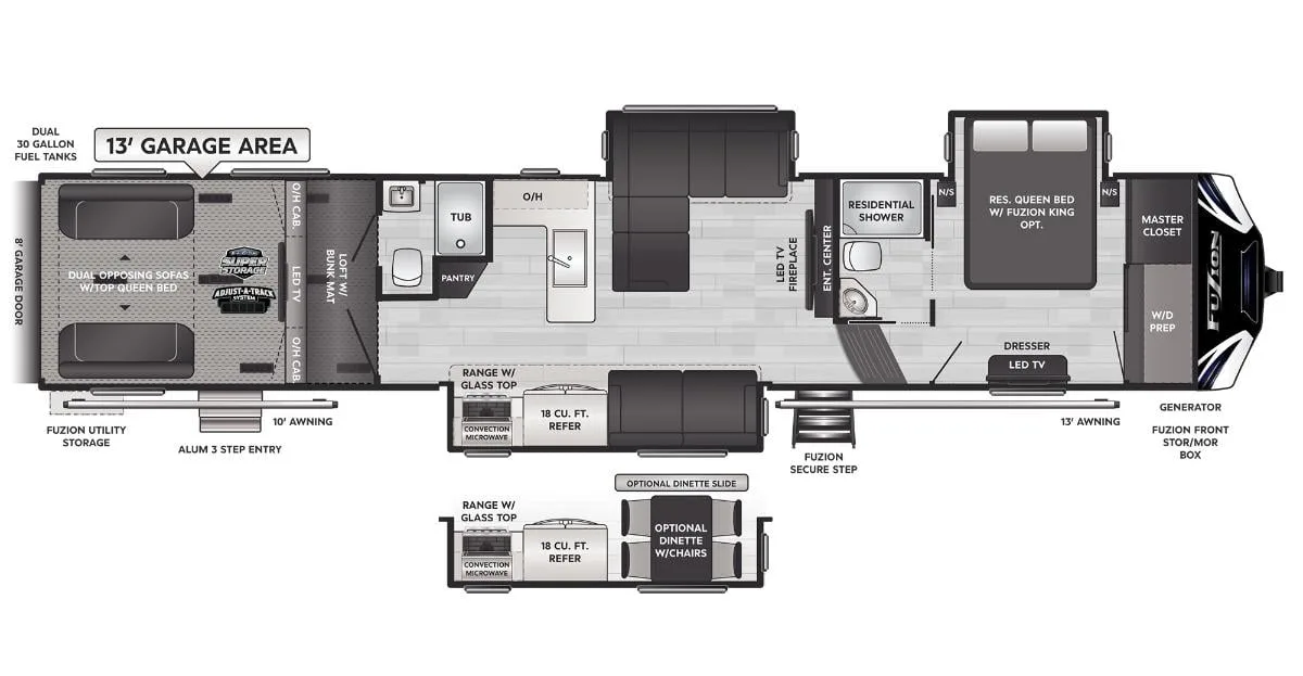 Floor plan of the RV with dinette, living area, kitchen, bathroom and bedroom.