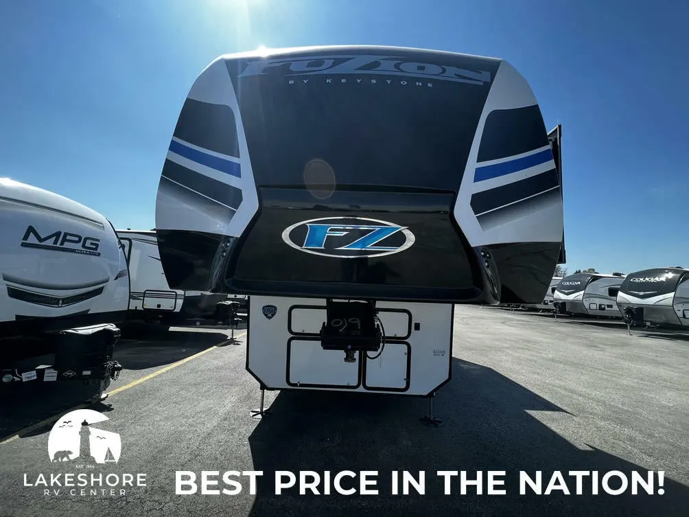 Front view of the New 2022 Keystone Fuzion 430 Toy Hauler RV.