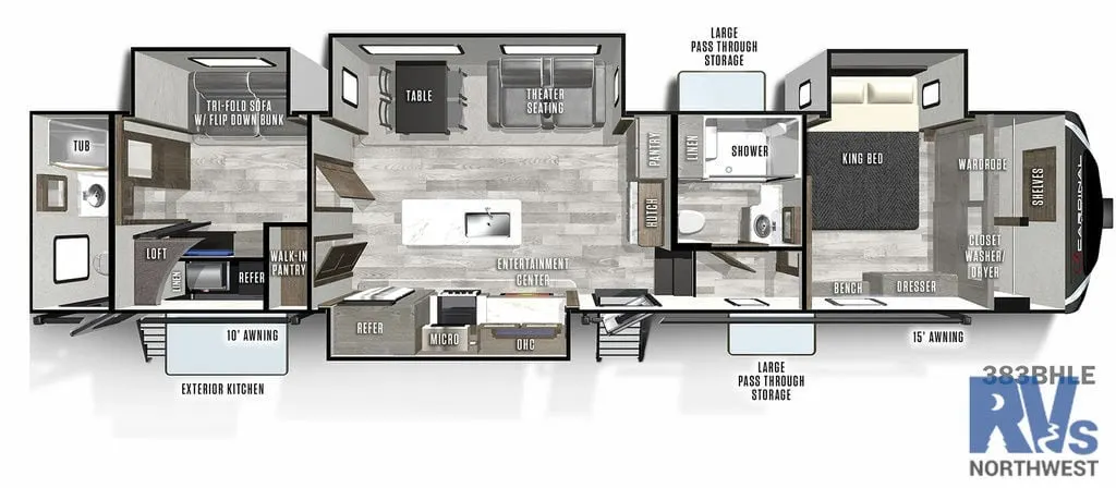 Floor plan of the RV with dinette, living area, kitchen, bathroom and bedroom.