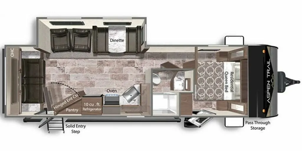 Floor plan of the RV with dinette, living area, kitchen, bathroom and bedroom.