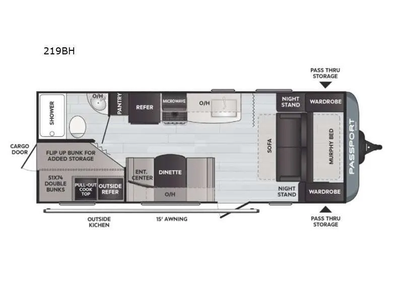 Floor plan of the RV with dinette, living area, kitchen, bathroom and bedroom.