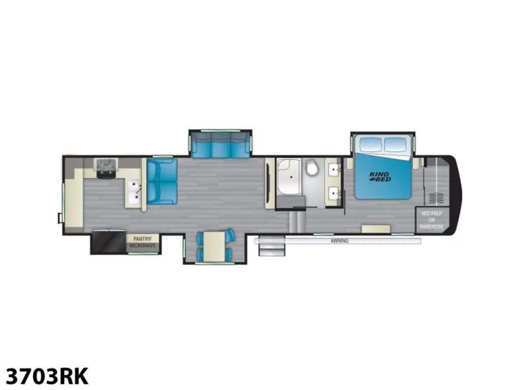 Floor plan of the RV with living area, bathroom and bedroom.