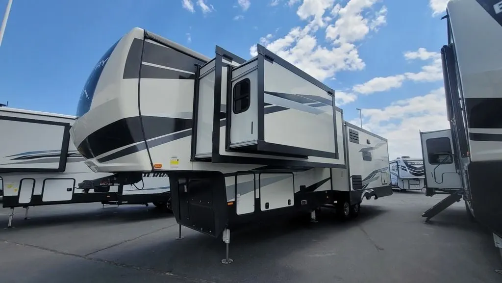 Side view of the RV with a slide out.