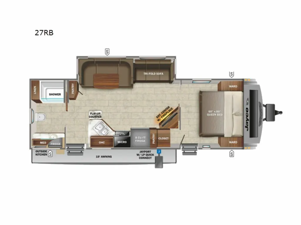 Floor plan of the RV with dinette, living area, kitchen, bathroom and bedroom.