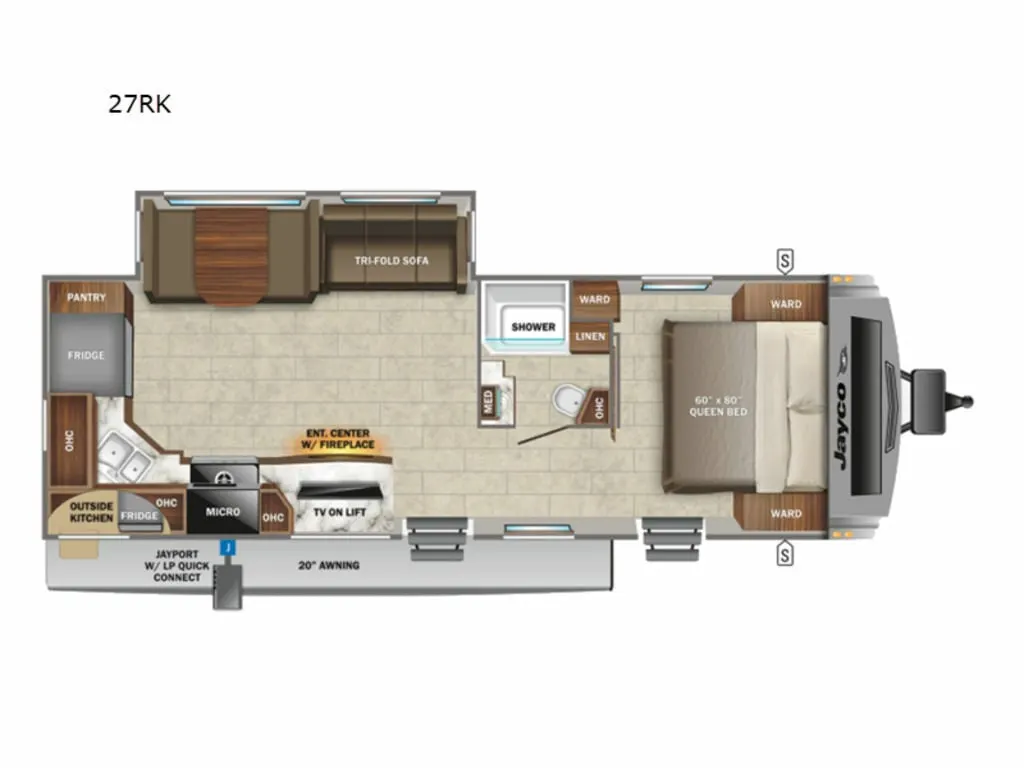 Floor plan of the RV with dinette, living area, kitchen, bathroom and bedroom.