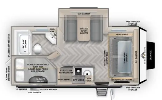 Floor plan of the RV with dinette, living area, kitchen, bathroom and bedroom.