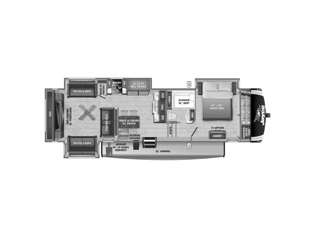 Floor plan of the RV with dinette, living area, kitchen, bathroom and bedroom.