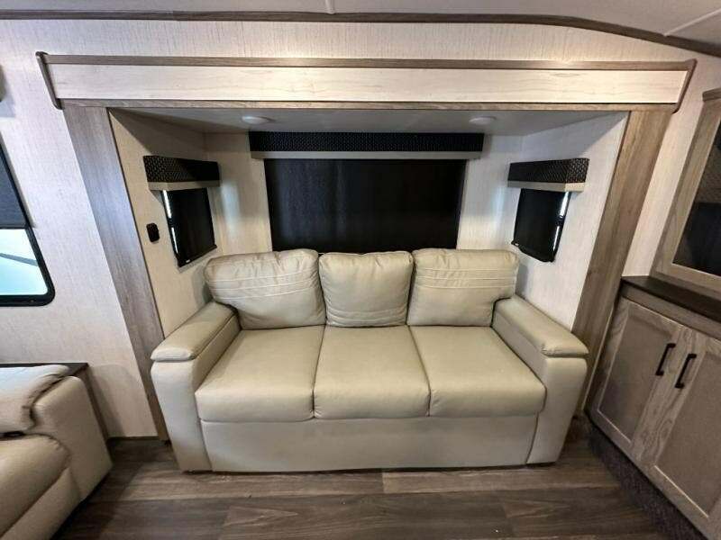 Living space with leather seats.