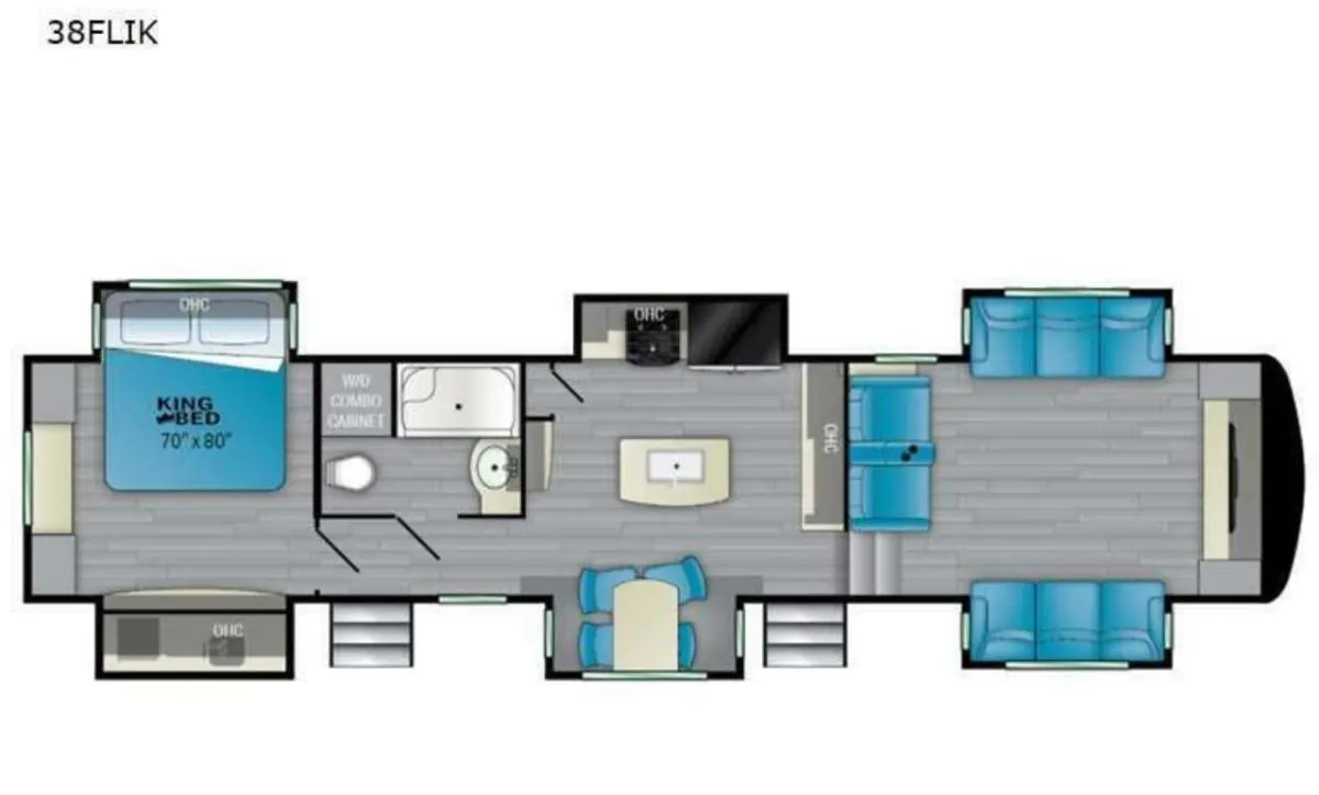 Floor plan of the RV with dinette, living area, kitchen, bathroom and bedroom.