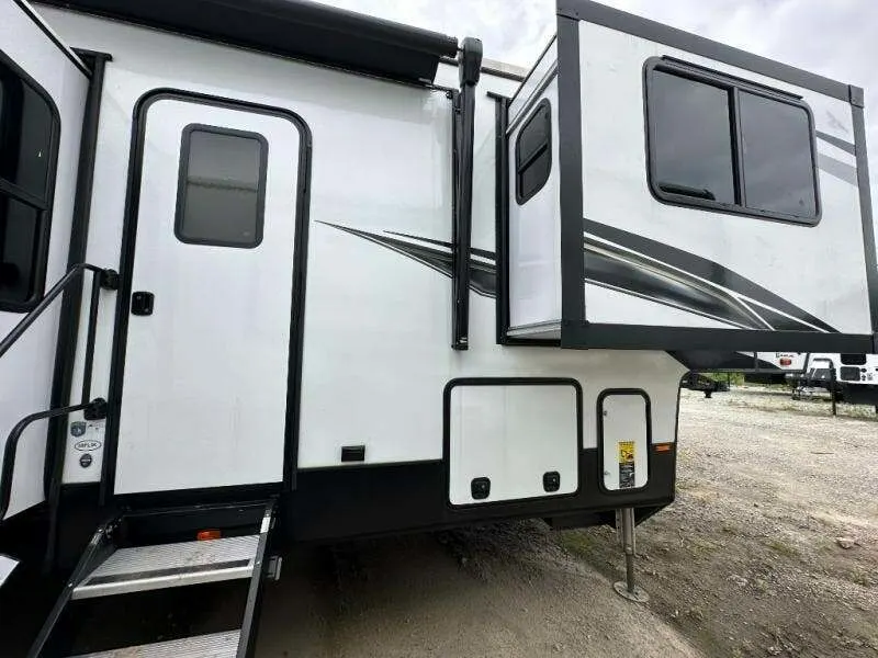 Entry door of the RV with a slide out.