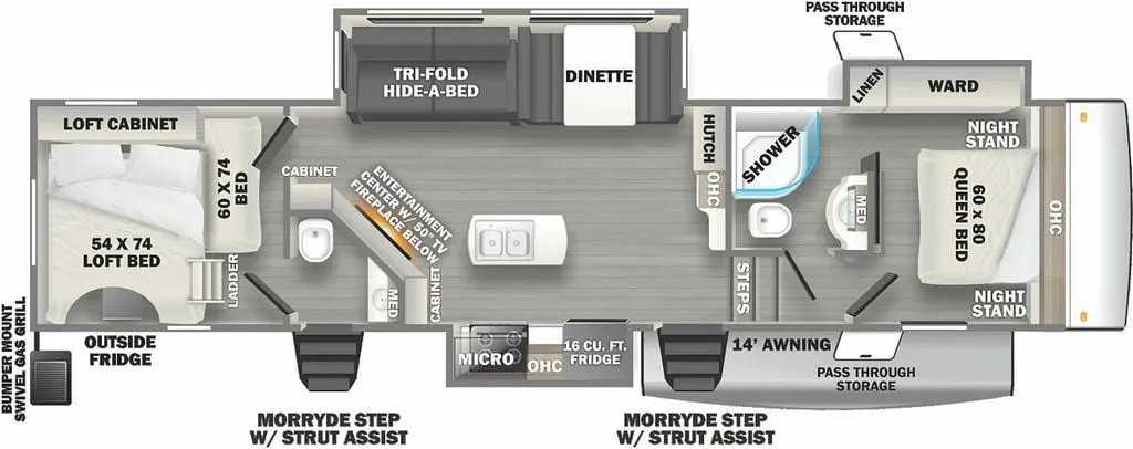 Floor plan of the RV with dinette, living area, kitchen, bathroom and bedroom.