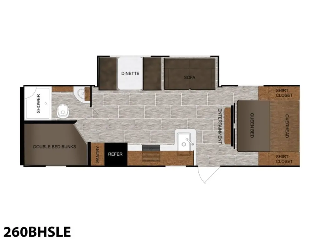 Floor plan of the RV with dinette, living area, kitchen, bathroom and bedroom.