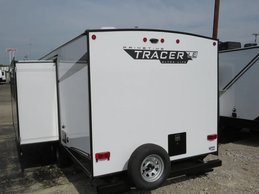 Rear view of the New 2022 Prime Time Tracer LE 260BHSLE Travel Trailer RV.