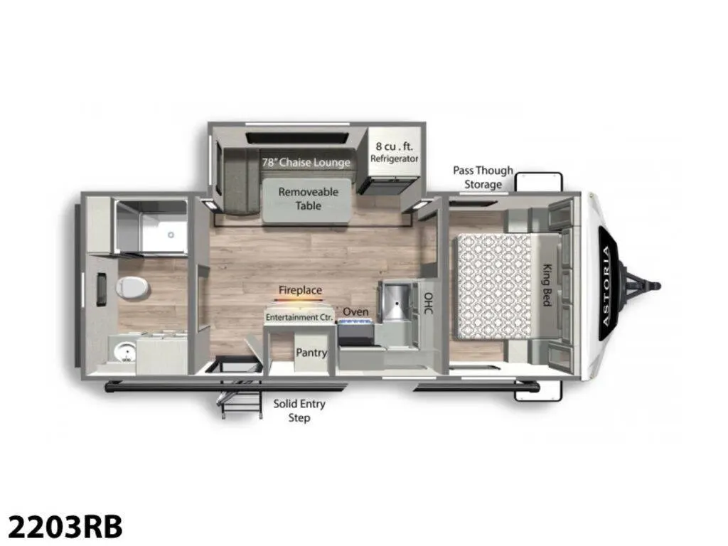 Floor plan of the RV with dinette, living area, kitchen, bathroom and bedroom.