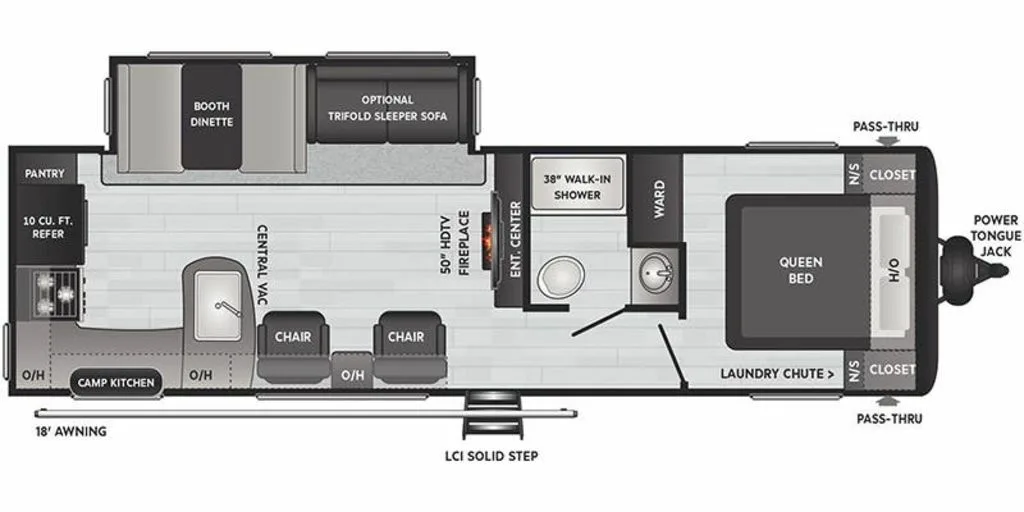 Floor plan of the RV with dinette, living area, kitchen, bathroom and bedroom.