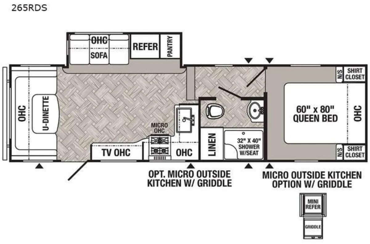 Floor plan of the RV with dinette, living area, kitchen, bathroom and bedroom.