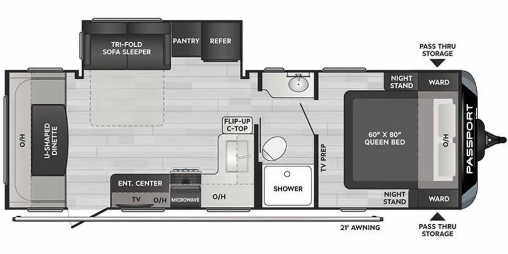 Floor plan of the RV with dinette, living area, kitchen, bathroom and bedroom.