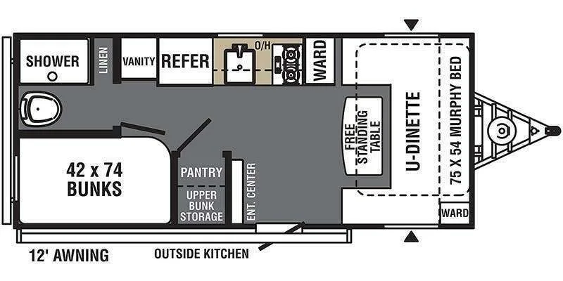 Floor plan of the RV with dinette, living area, kitchen, bathroom and bedroom.