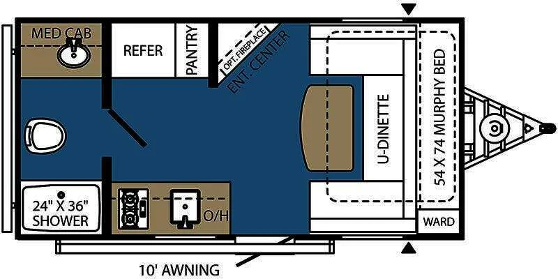 Floor plan of the RV with dinette, living area, kitchen, bathroom and bedroom.