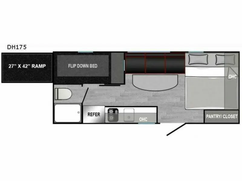 Floor plan of the RV with dinette, living area, kitchen, bathroom and bedroom.