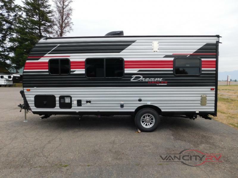 Side view of the New 2022 Chinook Dream Hauler DH175 Travel Trailer Toy Hauler RV.